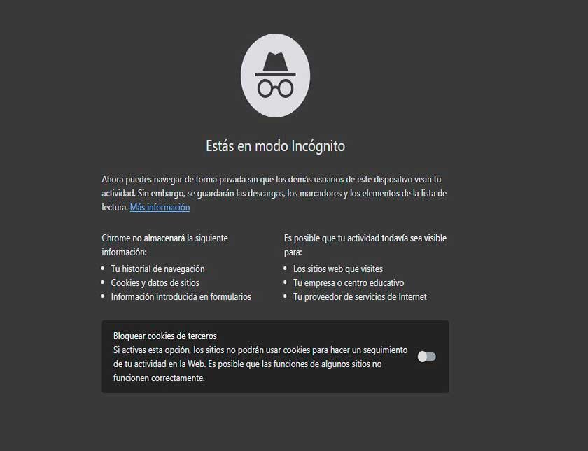 Aviso del modo incognito de Google Chrome